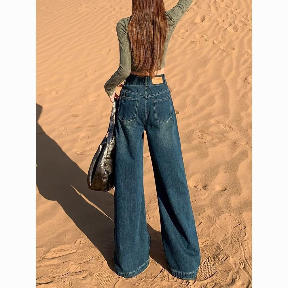 燠阳高腰阔腿牛仔裤女春秋季新款2025宽松显瘦遮胯大裤脚百搭拖地潮裤 2068深蓝色 M 【93-105斤】