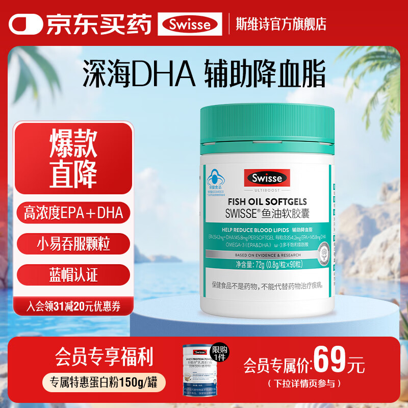 Swisse斯维诗 鱼油软胶囊 深海高浓度小粒鱼油 蓝帽认证 辅助降血脂 「联盟专享」0.8g/粒*90粒*1罐 京东折扣/优惠券