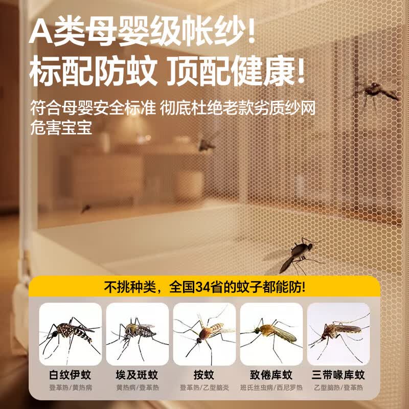 婷芙兰防摔蚊帐1.8x2米家用一体式免安装蒙古包全包围支架婴儿童防蚊罩 光年米【三开门-全底防摔】 1.8m床-宽180x长200x高170