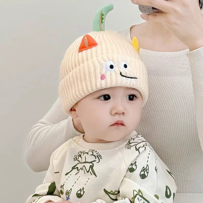 G.duck小黄鸭男女童毛线帽秋冬超萌搞怪婴幼保暖加厚宝宝防寒针织套头帽 表情尾巴针织帽-米色 建议0-17个月(帽围35-46cm)