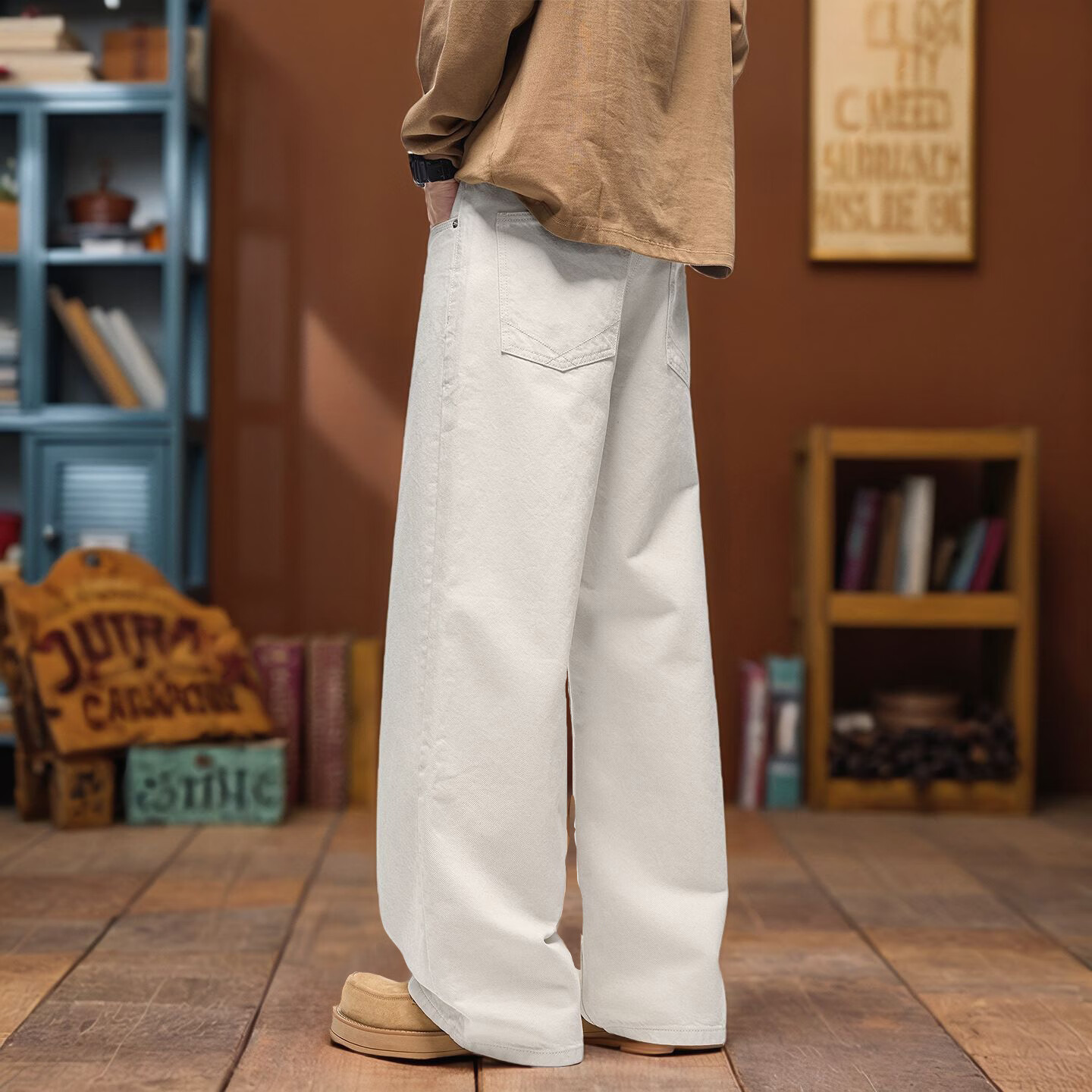 美式高端白色牛仔裤男宽松直筒阔脚长裤2026春夏新款拖地高街裤子 米色 8630 31 建议141-155斤