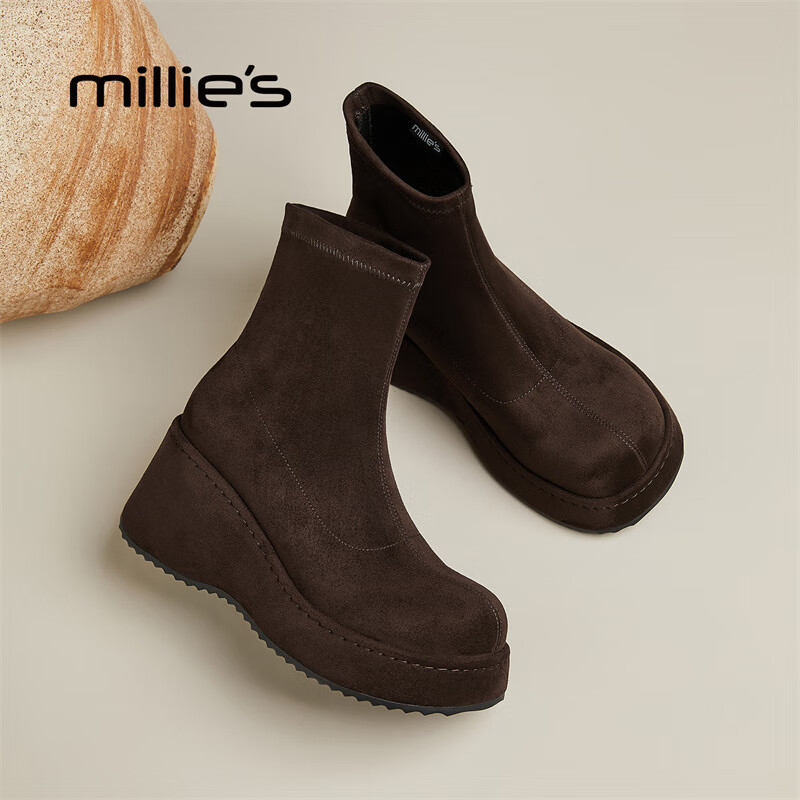 妙丽短靴女厚底轻便圆头休闲潮流短筒弹力2025冬季新款百搭气质时装靴 红咖色 36 (230mm) 标准码