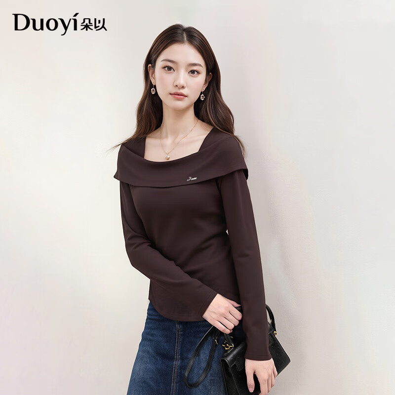 朵以2025冬季新款法式优雅气质抽褶收腰修身一字领针织衫长袖上衣 莫奈紫 L