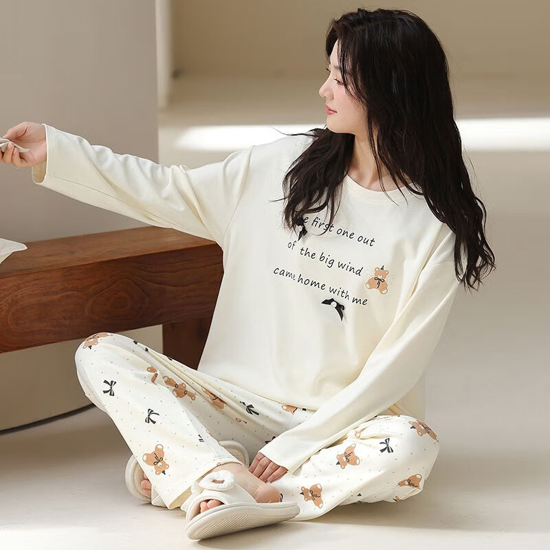 静鹿纯棉秋季新款长袖女士睡衣休闲可外穿家居服套装 6525 2XL 推荐140-160斤