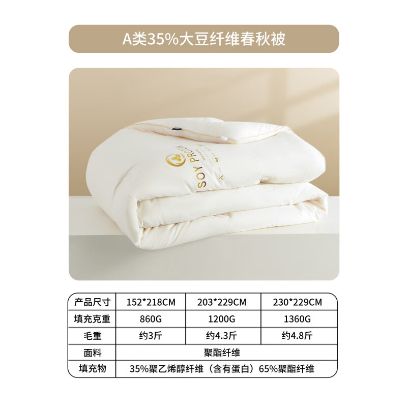 多喜爱（Dohia.com）被子大豆被春秋被大豆纤维被芯子母被学生宿舍被子保暖冬被 A类35%大豆纤维春秋被经典深睡款 适用于1.2米床 尺寸152*218cm