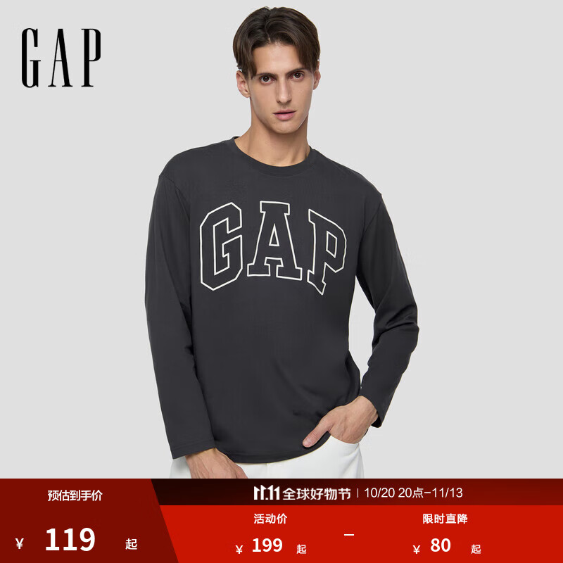 GAP男女装2025秋季新款LOGO印花宽松纯棉圆领长袖T恤上衣786288 深灰色 M (170/92A)亚洲尺码