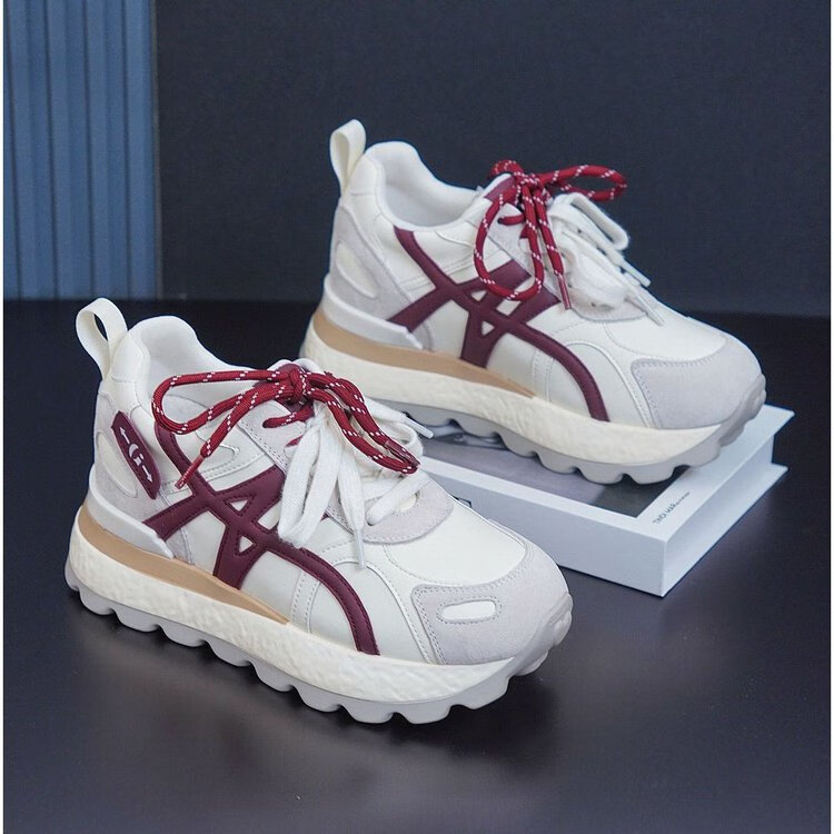 百丽踏小个子内增高8cm老爹鞋女2025秋季新款透气运动鞋百搭厚底休闲鞋 米色升级款 35