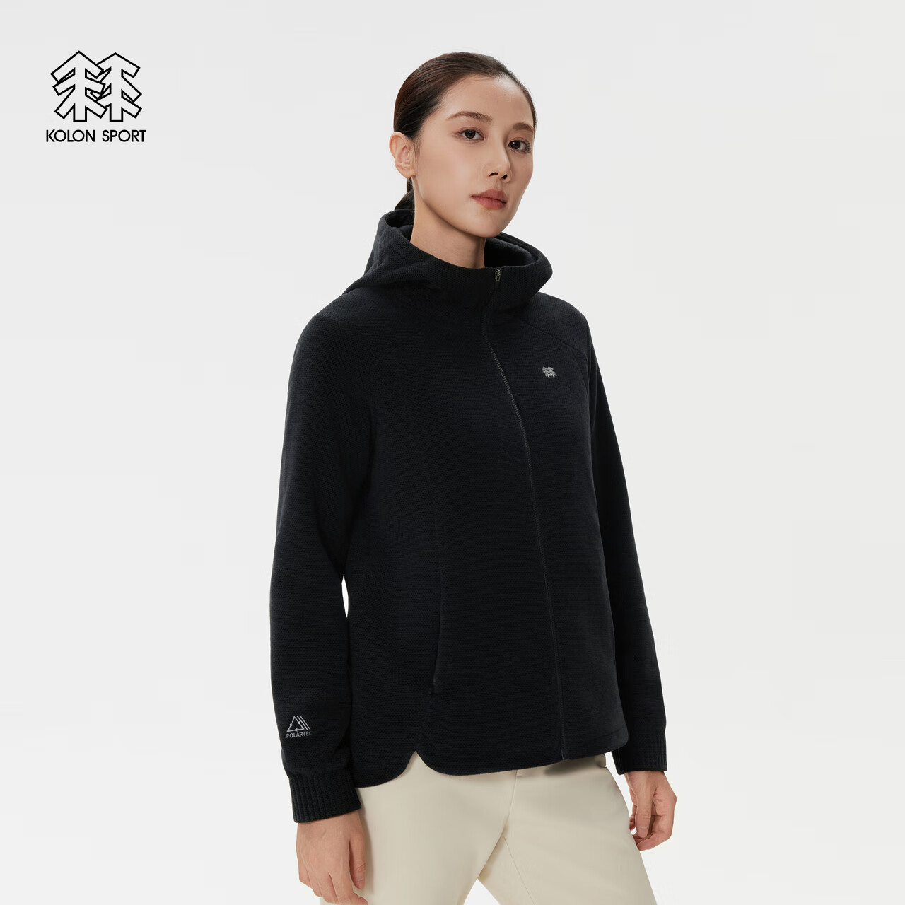 KOLON SPORT/可隆户外抓绒衣 女士保暖收腰POLARTEC连帽夹克 LKFJ5WN072-BK 黑色 L 170/92A