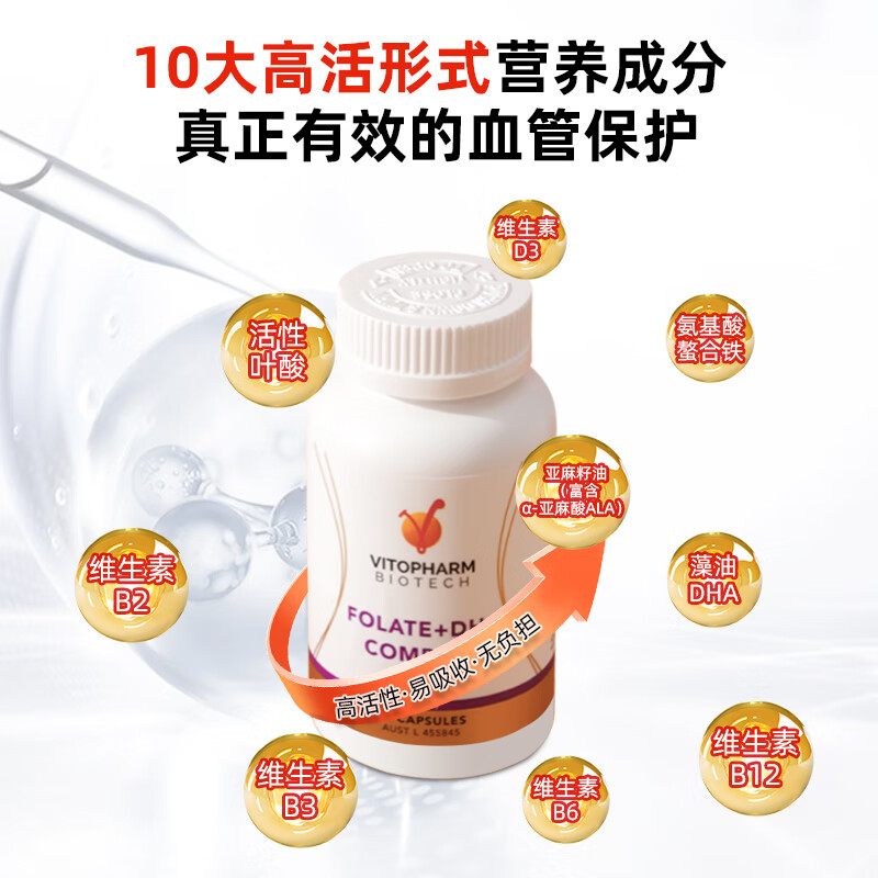 VITOPHARMDHA亚麻酸omega3EPA活性叶酸B族维生素VD3降同型中老年心脑血管 60粒*2瓶