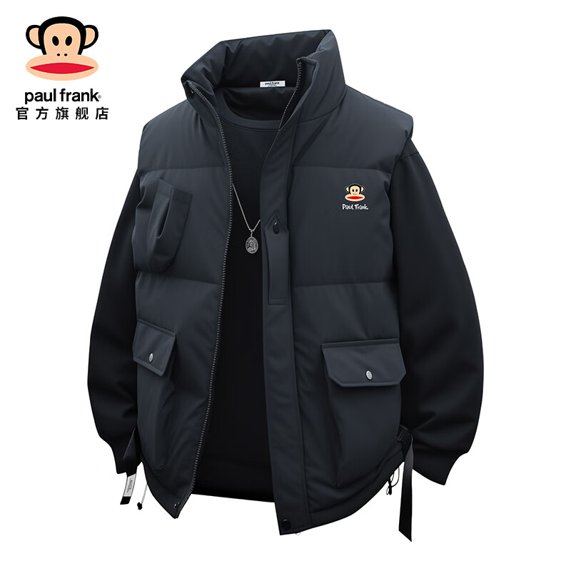 大嘴猴（paul frank）工装立领棉服马甲男秋冬季新款男士宽松加厚保暖外套休闲坎肩背心 黑色【防寒保暖】 XL 【建议110-125斤】