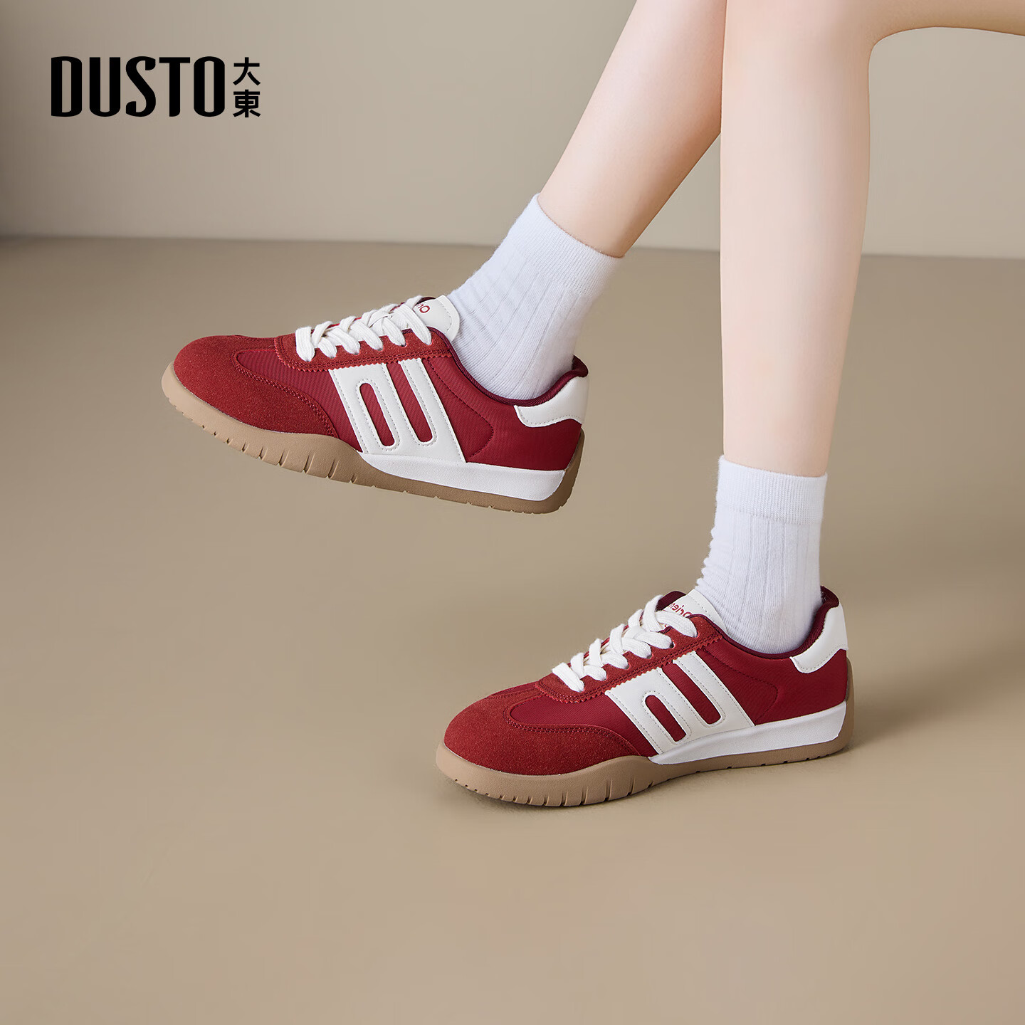 大东德训鞋女鞋2025年秋季新款时尚系带圆头拼接休闲鞋1951A 红色 35