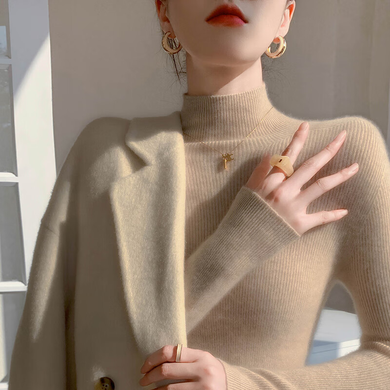 香影纯秋冬新款半高领针织衫女修身显瘦气质洋气打底衫女内搭长袖毛衣女 优雅米驼色 XL (建议115-125斤)