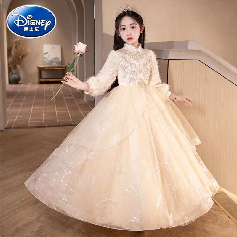 迪士尼(Disney)女童礼服主持人秋冬花童小女孩高端轻奢儿童生日公主裙钢琴出演服 1518长款香槟不加绒 关注送水晶皇冠 160 cm