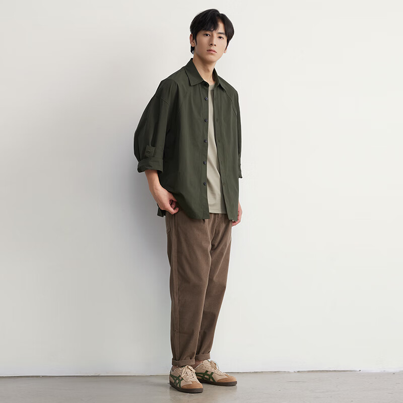 MARKLESS衬衫男100%棉尖领宽松纯色亲肤长袖衬衣5509 军绿色 M