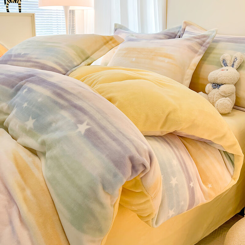 猫人（MiiOW）卡通加厚牛奶绒床上四件套新款珊瑚绒床单被套三件套宿舍床上用品 七彩流星【高克重牛奶绒】 1.8m 床笠款 四件套-200*230cm被套