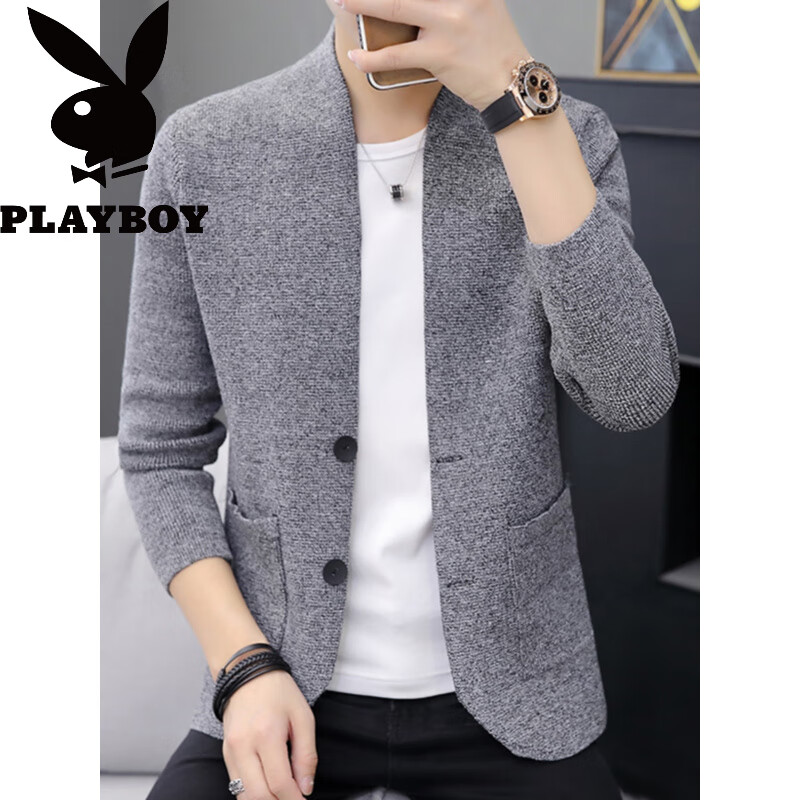 花花公子（PLAYBOY）针织开衫男士薄款春秋季百搭西服修身夹克男毛衣西装外套 8505红色 L (约105~120斤可穿)