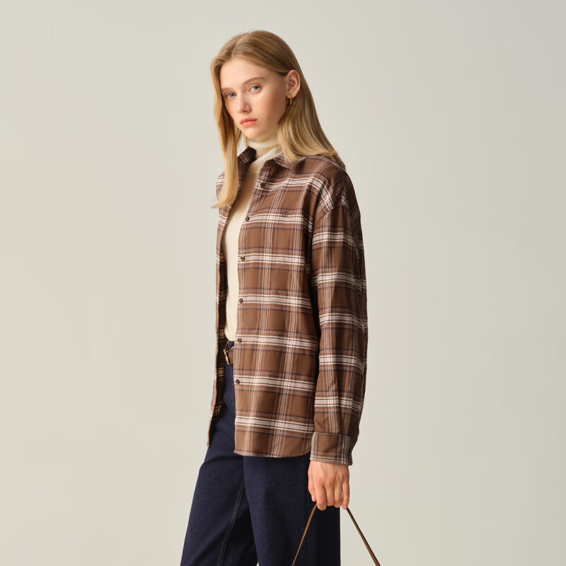 ELAND【100%棉】衣恋衬衫女气质翻领格纹长袖通勤上衣2025冬新款 棕色(85)Brown S /160