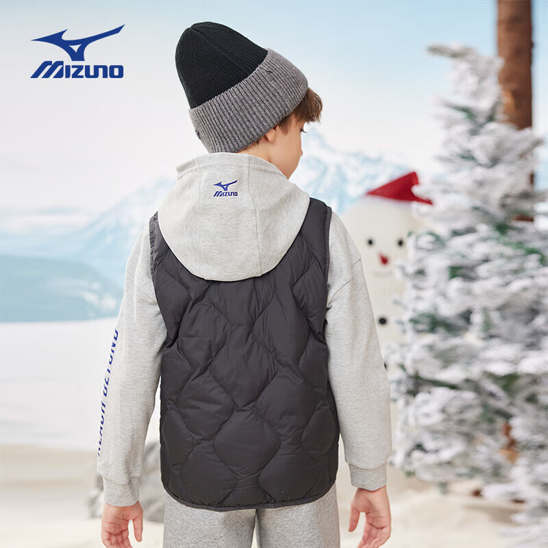 美津浓(MIZUNO)马甲男女同款秋冬季轻薄马甲学生校服神器保暖中大童羽绒背心男 黑色 140 (充绒量28g)