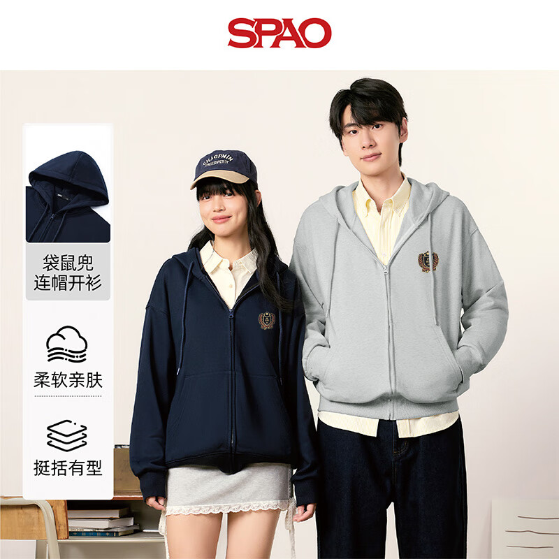 SPAO韩国同款连帽外套男女同款春秋季新款日系通勤风卫衣SPWY25SS08LD 藏青#SP复古徽章 XL