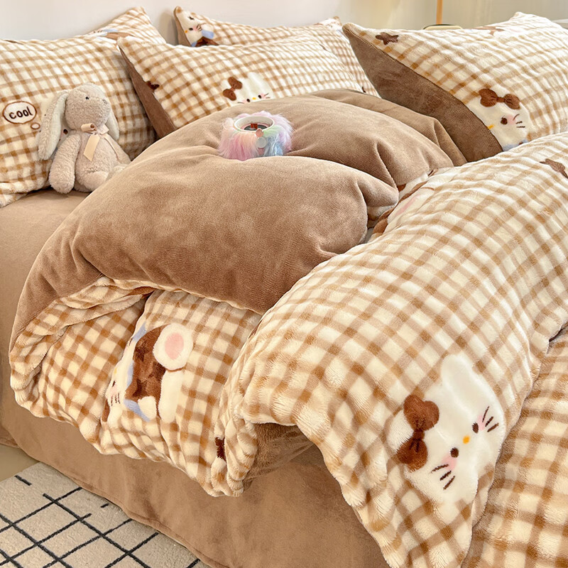 苏萱卡通可爱KT泡泡绒床上四件套加厚牛奶珊瑚绒被套床单人三件套床品 棕格KT 1.5m 床笠款 四件套-被套200x230cm