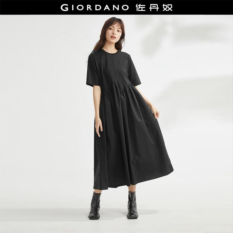 佐丹奴 设计师款裙子女新款纯棉拼接圆领压褶短袖连衣裙女18464702 09黑色 M