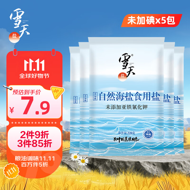 雪天自然海盐320g*5 【未加碘】0添加食用盐 家用调味品调料 原盐洁净