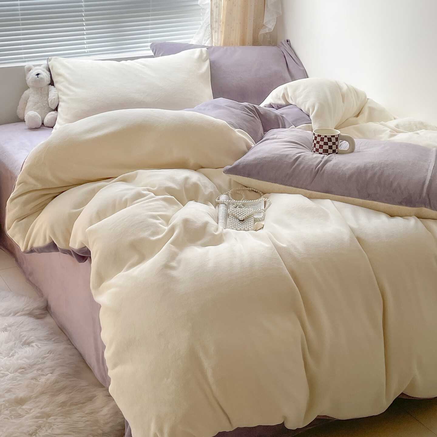 雅鹿纯色秋冬季牛奶绒保暖四件套珊瑚绒床上绒加厚法兰绒被套三件套 奶黄+浅紫【高克重牛奶绒 厚实保暖】 2.0m四件套 床单款 （被套220*240cm）