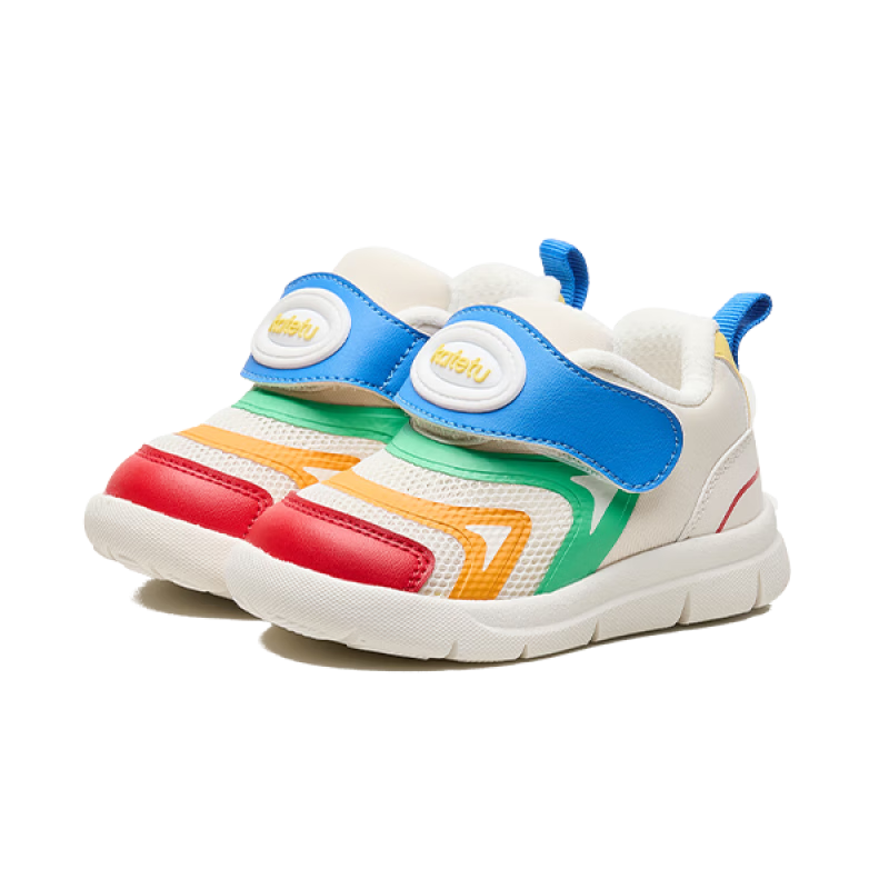 卡特兔儿童运动鞋春季毛毛虫学步鞋网面透气机能鞋男女童鞋运动跑步鞋 米白蓝红 24 内长14.5cm 脚长13.6-14.2