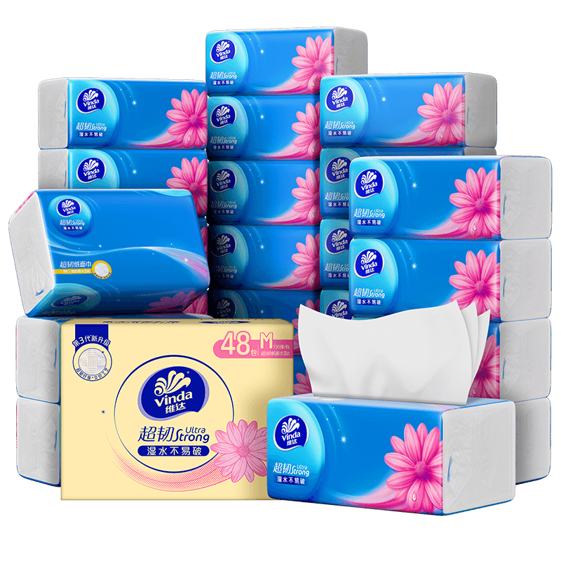 维达（Vinda）抽纸 【孙颖莎推荐】超韧150抽48包M码 湿水不易破 餐巾纸 整箱