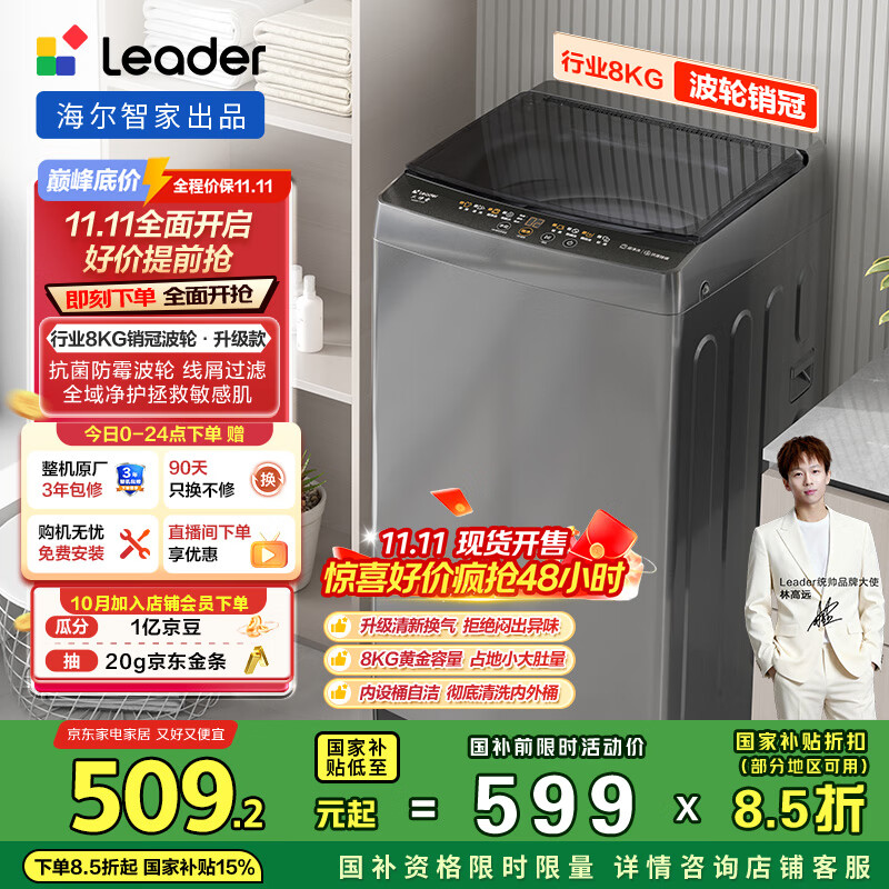 统帅（Leader）海尔智家出品 波轮洗衣机全自动小型 8公斤租房神器 抗菌波轮 以旧换新 家电国家补贴 XQB80-L539