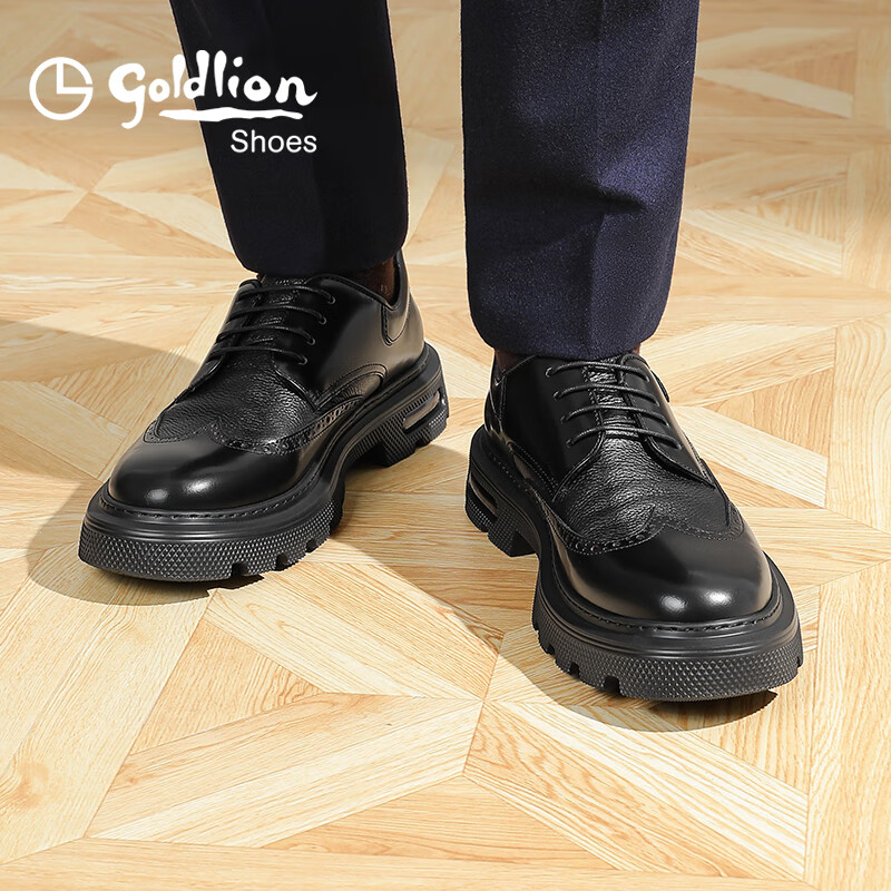 金利来（Goldlion）男鞋秋冬季商务皮鞋厚底增高正装鞋布洛克德比鞋 黑色 42