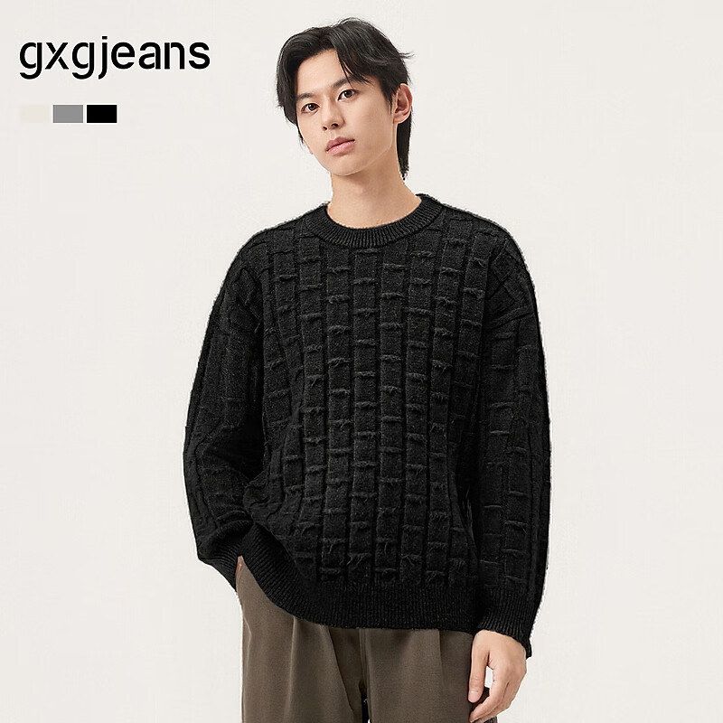 gxgjeans男装 多色不规则纹理设计圆领毛衣针织衫线衫 25冬新品 黑色 L (175)