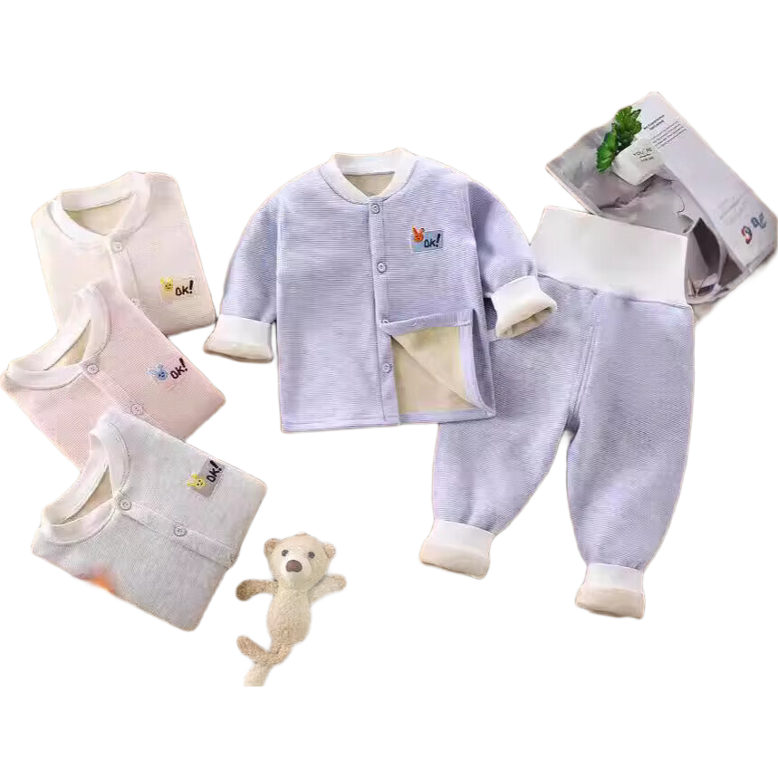 宝宝加绒套装儿童无骨高腰保暖内衣婴儿加厚春秋男女睡衣秋冬f74 浅蓝色尚衣方套装 80