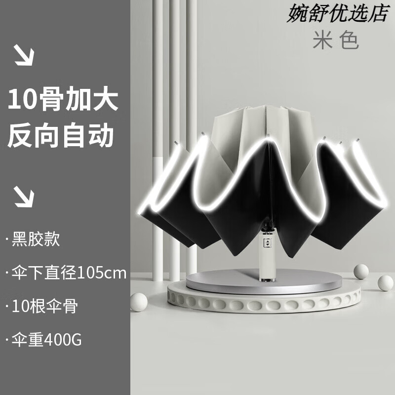 紅葉（Hong Ye）雨傘全自動(dòng)遮陽(yáng)傘加大加厚加固防曬晴雨兩用女男士折疊反向傘 米色-全自動(dòng)折疊反向傘【天使環(huán)】