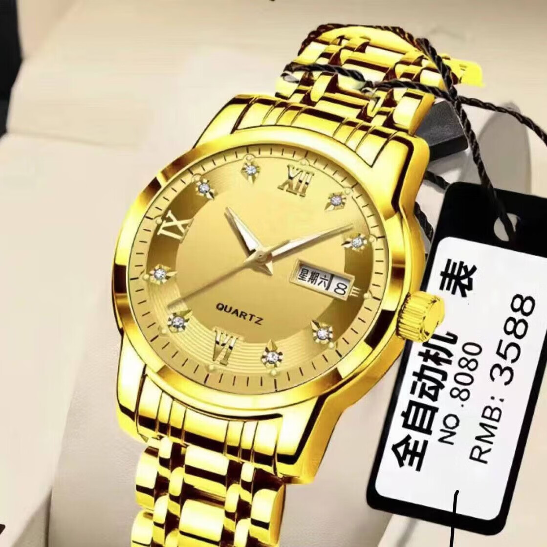 大老板都在戴，瑞士牌全自动机芯表防水夜光日历手表男士镶钻c 金色 【送精美礼盒】980全金【男款】