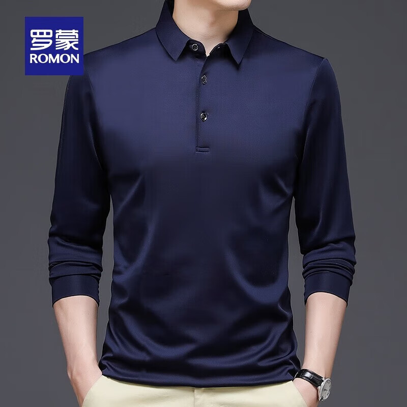 罗蒙(ROMON)长袖t恤男2025秋季新款纯色翻领Polo中青年男士商务休闲弹力T恤衫 黑色 S 165 (建议100-125斤)