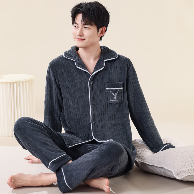 雪中飞珊瑚绒睡衣男士秋冬季加绒加厚2025新款法兰绒家居服套装大码保暖 NSCJF-灰色抽条小鹿 2XL 【宽松版型建议155-180斤】