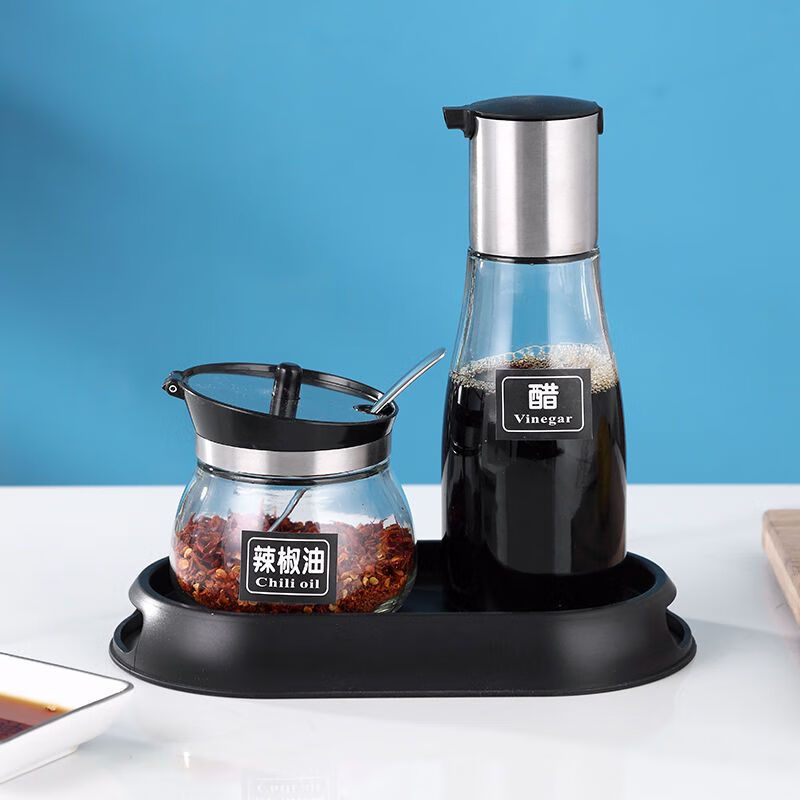 好帮手醋壶油瓶辣椒罐套装餐厅专用商用调料瓶罐酱油醋瓶罐子 260ml罐不锈钢+230ml瓶不锈钢+托 3件套