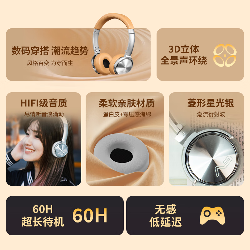 勒姆森（LASMEX）【明星推荐】耳机头戴式无线蓝牙耳机女生高颜值长续航低延迟hifi超高音质易折叠时尚穿搭运动适用 银灰色 小巧轻便 贴合不方脸
