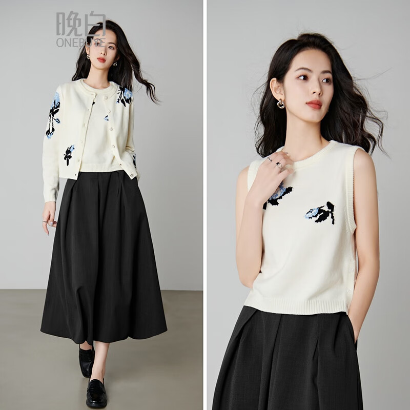 晚白【专享】气质内搭针织上衣清新印花圆领无袖背心打底衫女 米白色 XL