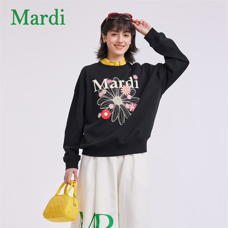 MARDI韩版2026小雏菊新款春装圆领卫衣女字母印花长袖 MWY2512037 黑色 S