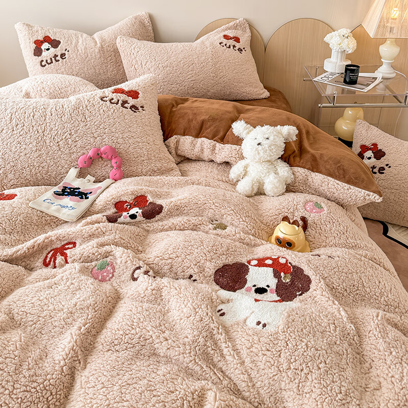 猫人卡通毛巾绣牛奶绒床上四件套珊瑚绒秋冬季羊羔绒床单被套床上用品 麦乐狗【双面保暖】 1.2m 床单款 三件套-150x200cm被套