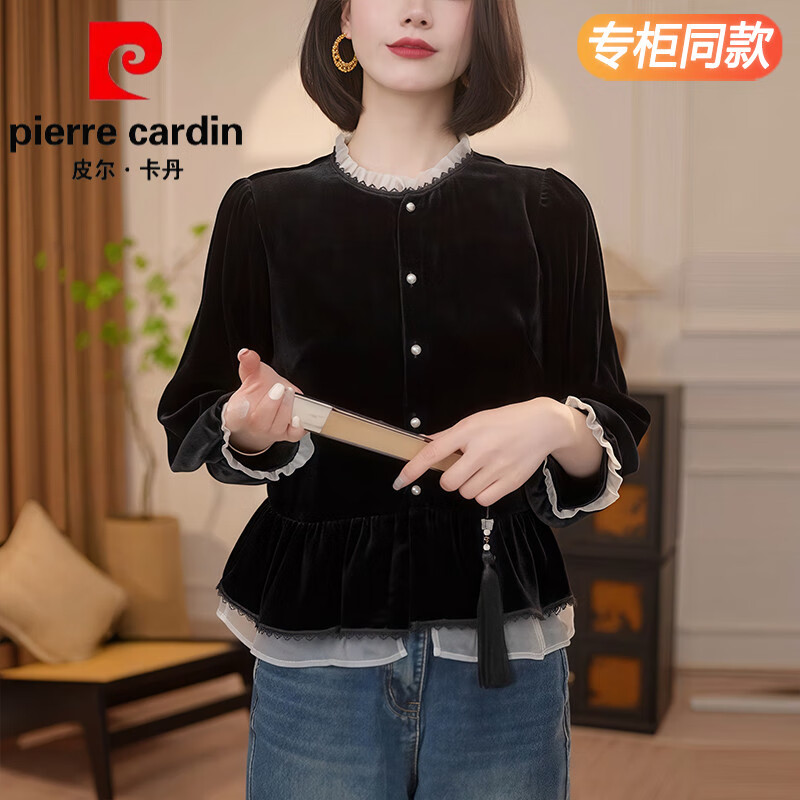 皮尔卡丹(pierre cardin)高端品牌金丝绒上衣女黑色衬衣秋冬冬新款假两件时尚洋气小衫长袖 皮尔卡丹 黑色 4XL (建议145-155斤)