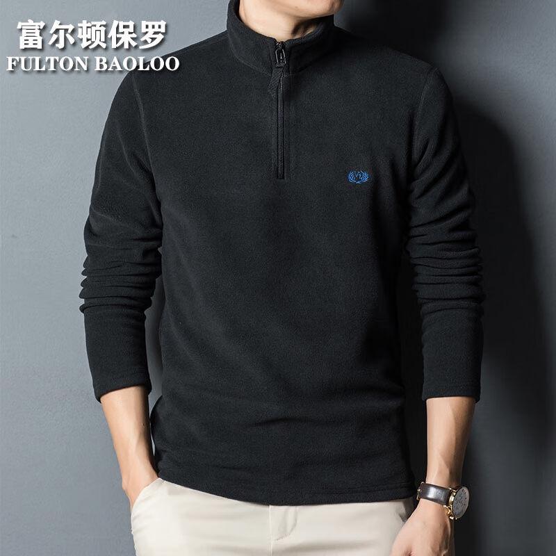 FULTON BAOLOO 富尔顿保罗半拉链摇粒绒卫衣男士2025秋季半高领打底衫潮流立领保暖T恤上衣 黑色 3XL (建议170到190斤穿)