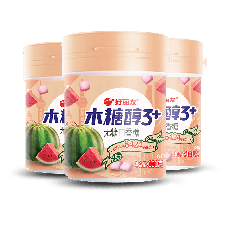 好丽友（ORION）木糖醇3+无糖口香糖清新口气方便携带 缤果Q立方多口味大罐随身装 【8424西瓜味】101g*3瓶