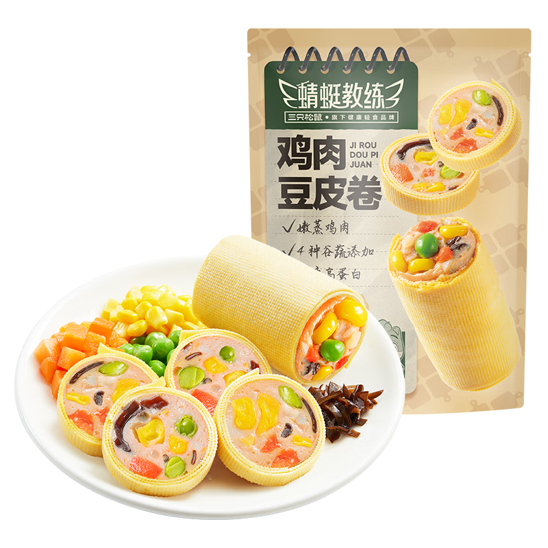 三只松鼠蜻蜓教练豆皮鸡肉卷250g/原味 早餐轻食豆干果蔬健身代餐即食小吃
