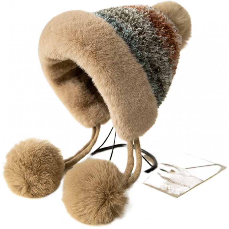 Siggisiggi 帽子女冬季護(hù)耳保暖針織毛線帽加絨加厚防寒東北旅游護(hù)臉帽 彩虹咖_漸變款 M(適合頭圍56-58cm)