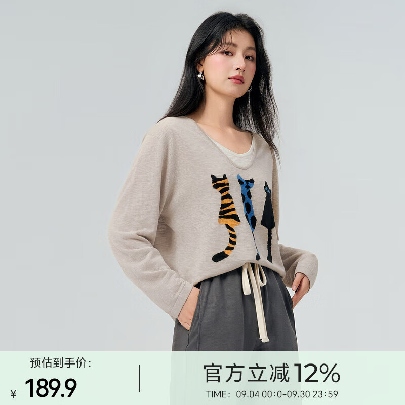 Basic House/百家好假两件猫咪长袖针织衫早秋新款撞色上衣2025女 奶茶色 M