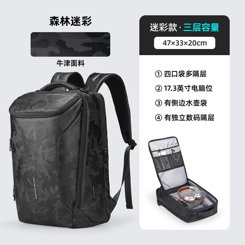 馬可·萊登（MARK RYDEN）馬可萊登男士防水雙肩包大容量筆記本電腦旅行背包書包 迷彩黑升級款