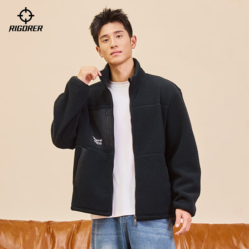 准者防风摇粒绒外套男子春季新款户外运动保暖宽松撞色抓绒上衣 纯正黑 2XL (185)